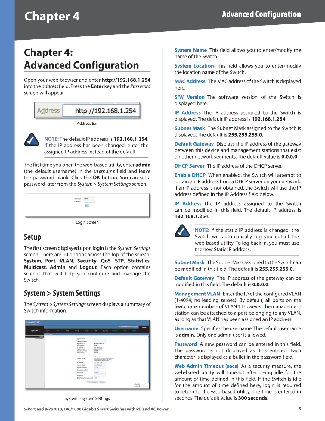 Linksys SLM2008, SLM2005 manual Chapter Advanced Configuration, Setup, System System Settings 