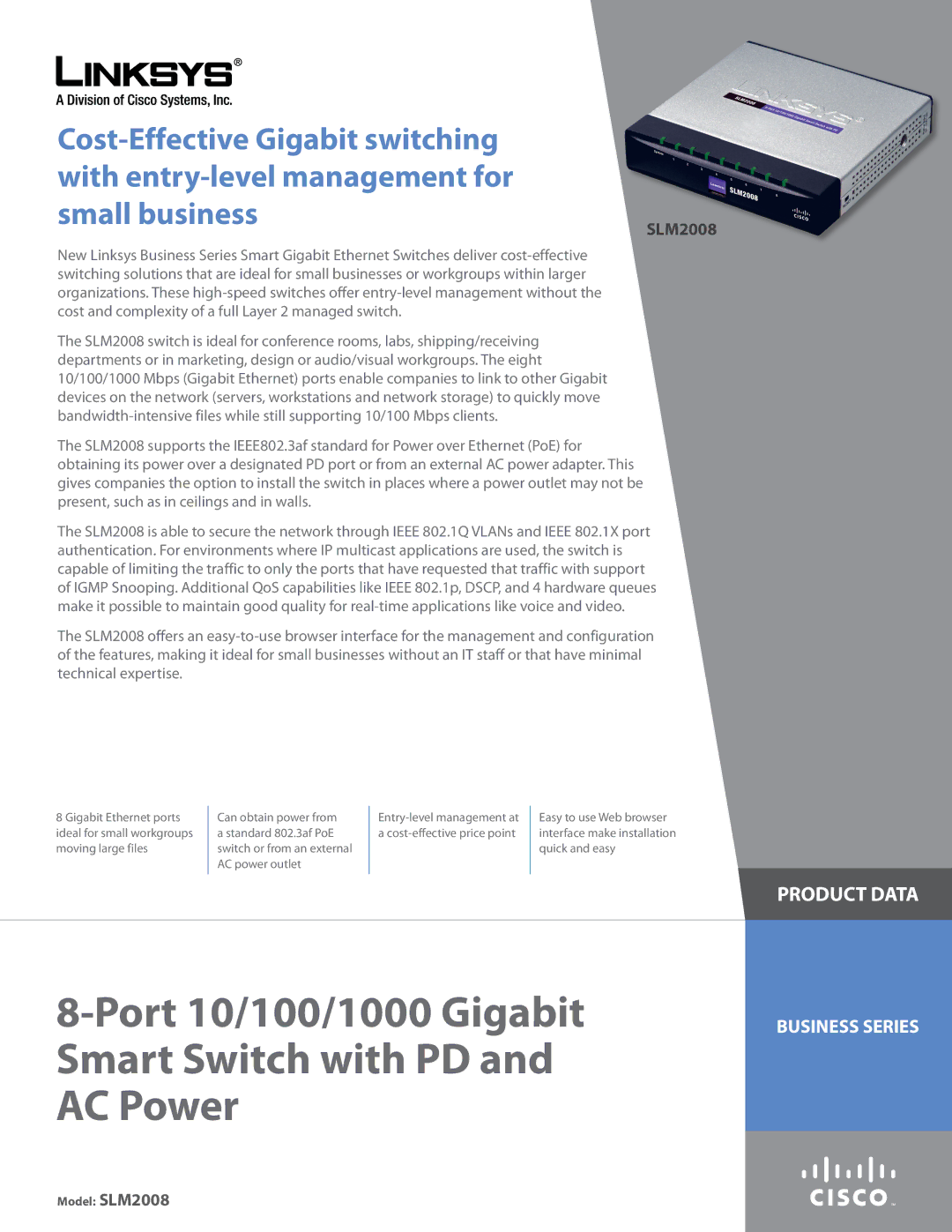 Linksys SLM2008 manual Port 10/100/1000 Gigabit Smart Switch with PD and AC Power 