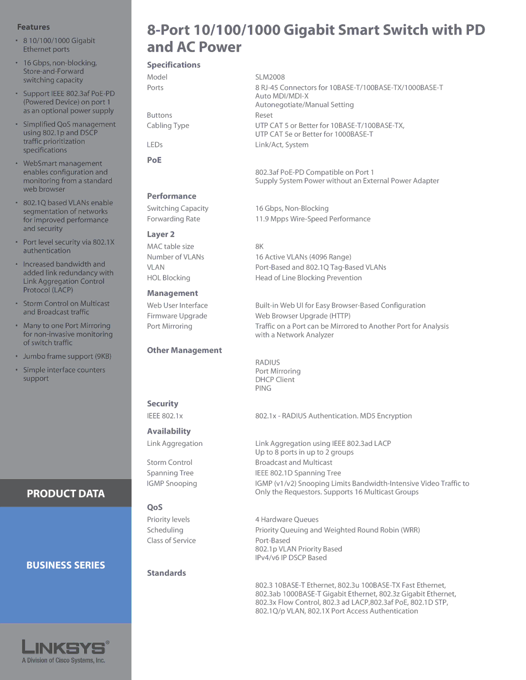 Linksys SLM2008 Specifications, PoE, Performance, Layer, Other Management, Security, Availability, QoS, Standards 