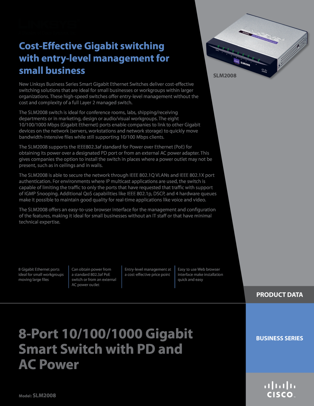 Linksys SLM2008 manual Product Data, Business Series, Port 10/100/1000 Gigabit Smart Switch with PD and AC Power 