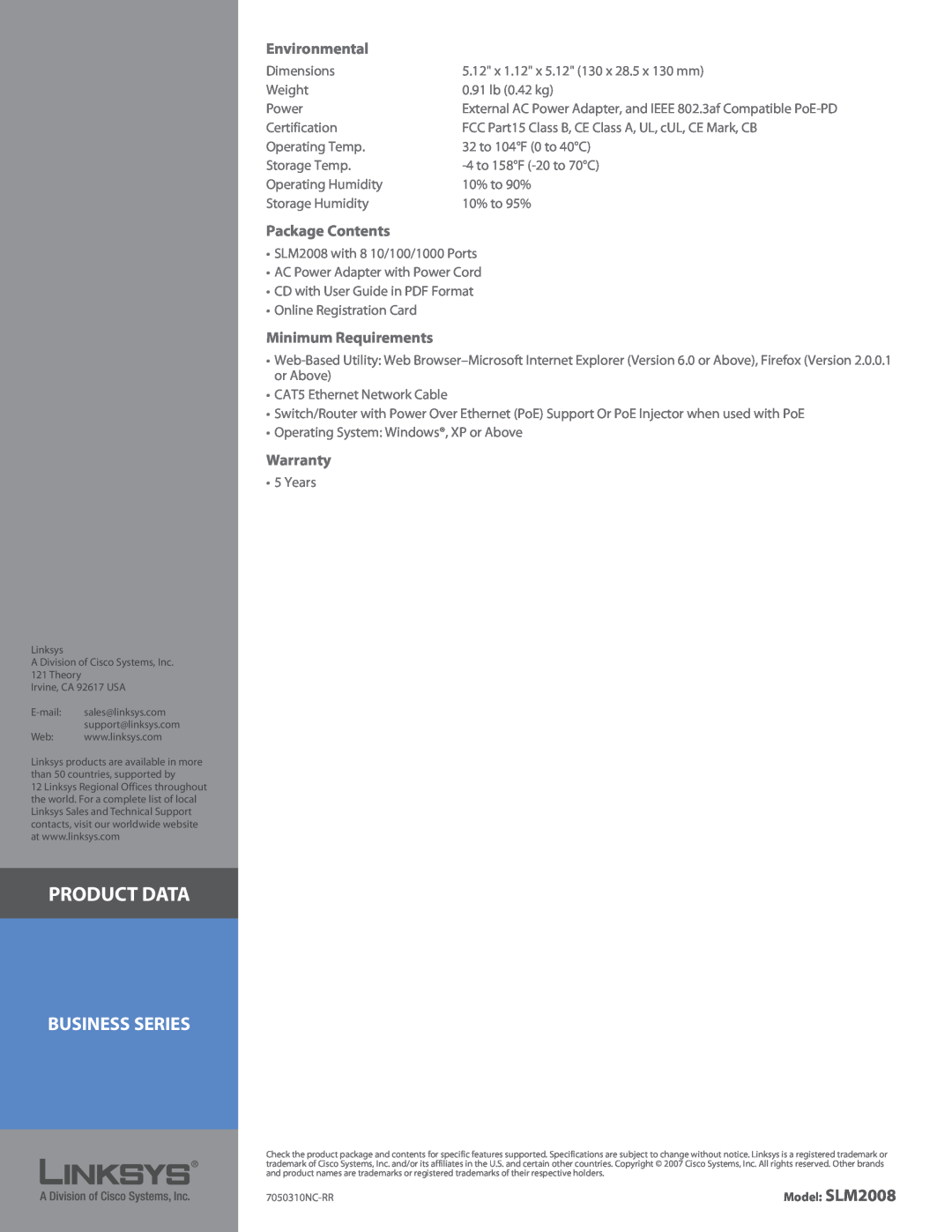 Linksys SLM2008 manual Product Data, Business Series, Environmental, Package Contents, Minimum Requirements, Warranty 