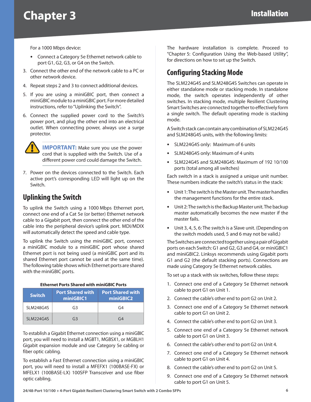 Linksys SLM224G4S manual Uplinking the Switch, Configuring Stacking Mode 