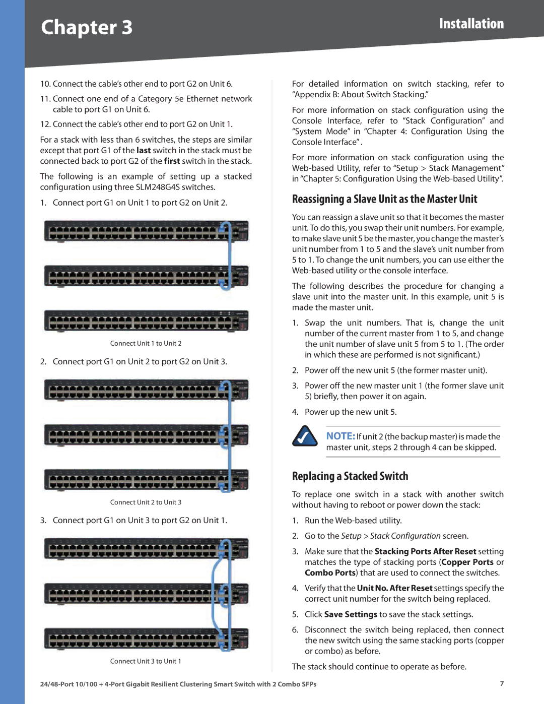 Linksys SLM224G4S manual Replacing a Stacked Switch, Connect port G1 on Unit 2 to port G2 on Unit 