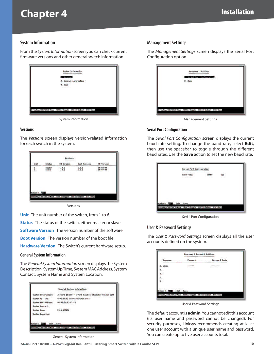 Linksys SLM224G4S manual System Information, Management Settings, User & Password Settings 