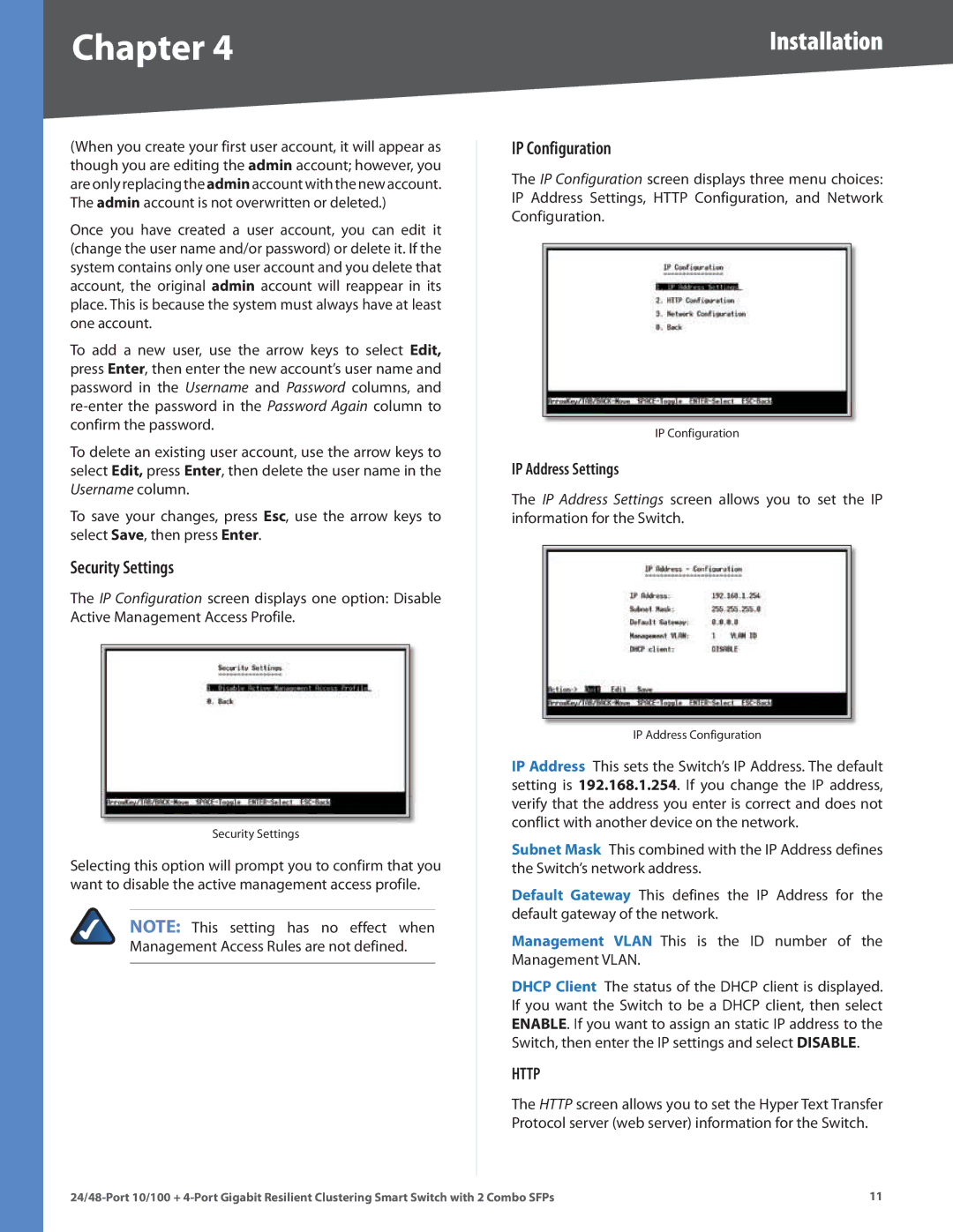 Linksys SLM224G4S manual Security Settings, IP Configuration 