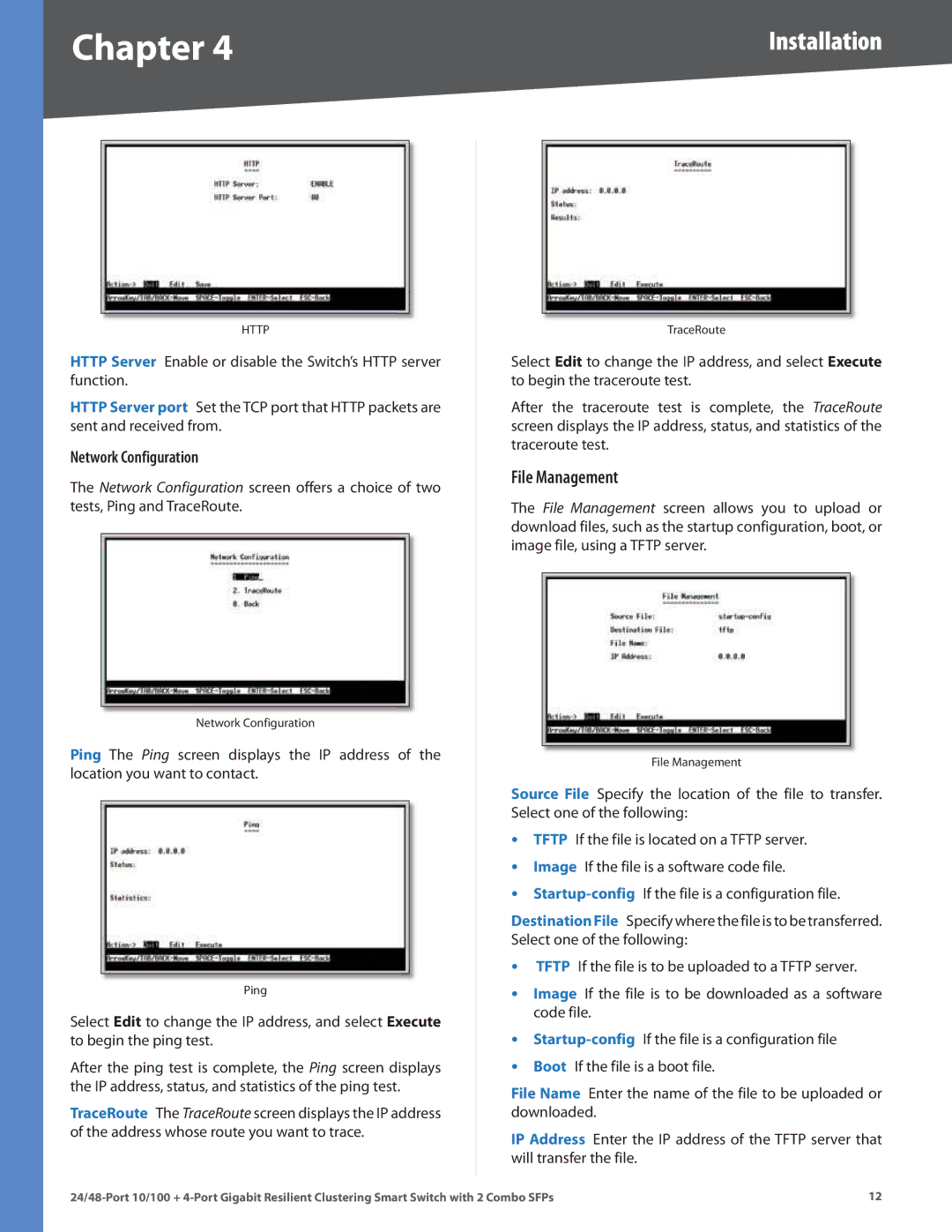 Linksys SLM224G4S manual File Management, Network Configuration 