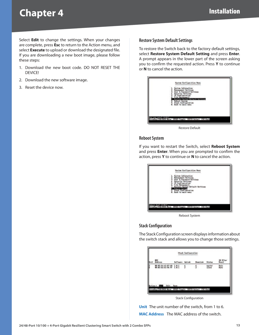 Linksys SLM224G4S manual Restore System Default Settings, Reboot System, Stack Configuration 