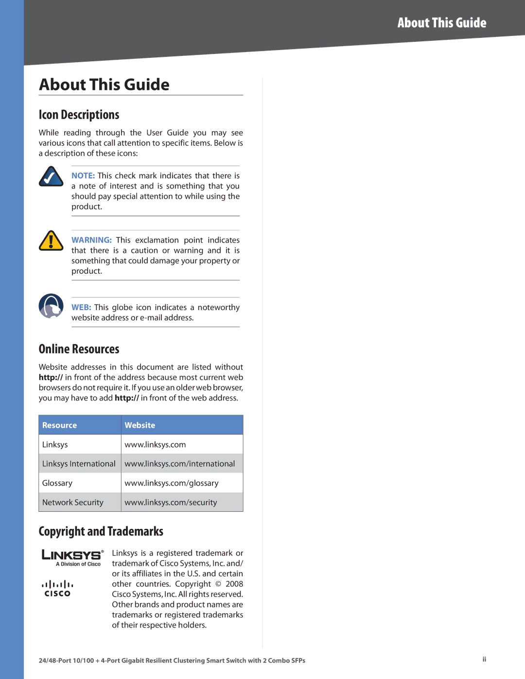 Linksys SLM224G4S manual About This Guide, Icon Descriptions, Online Resources, Copyright and Trademarks 