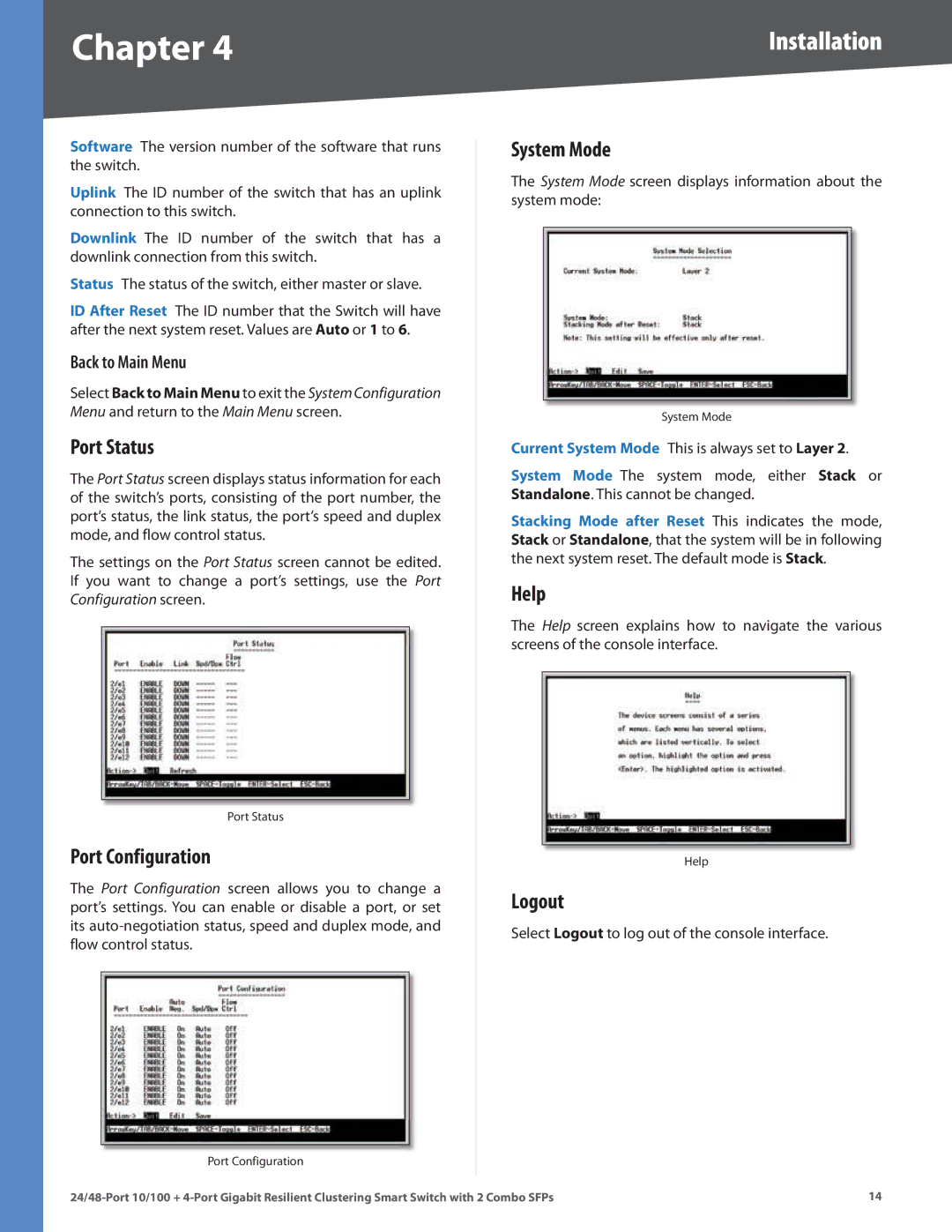 Linksys SLM224G4S manual Port Status, Port Configuration, System Mode, Help, Logout 