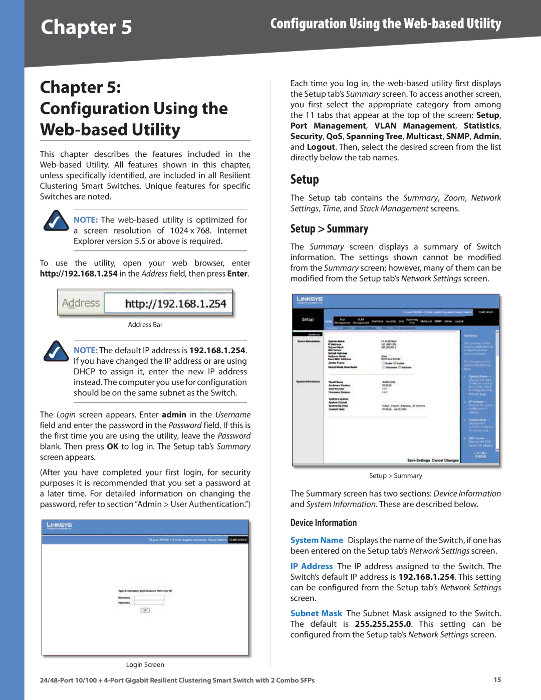 Linksys SLM224G4S manual Chapter Configuration Using Web-based Utility, Setup Summary, Device Information 