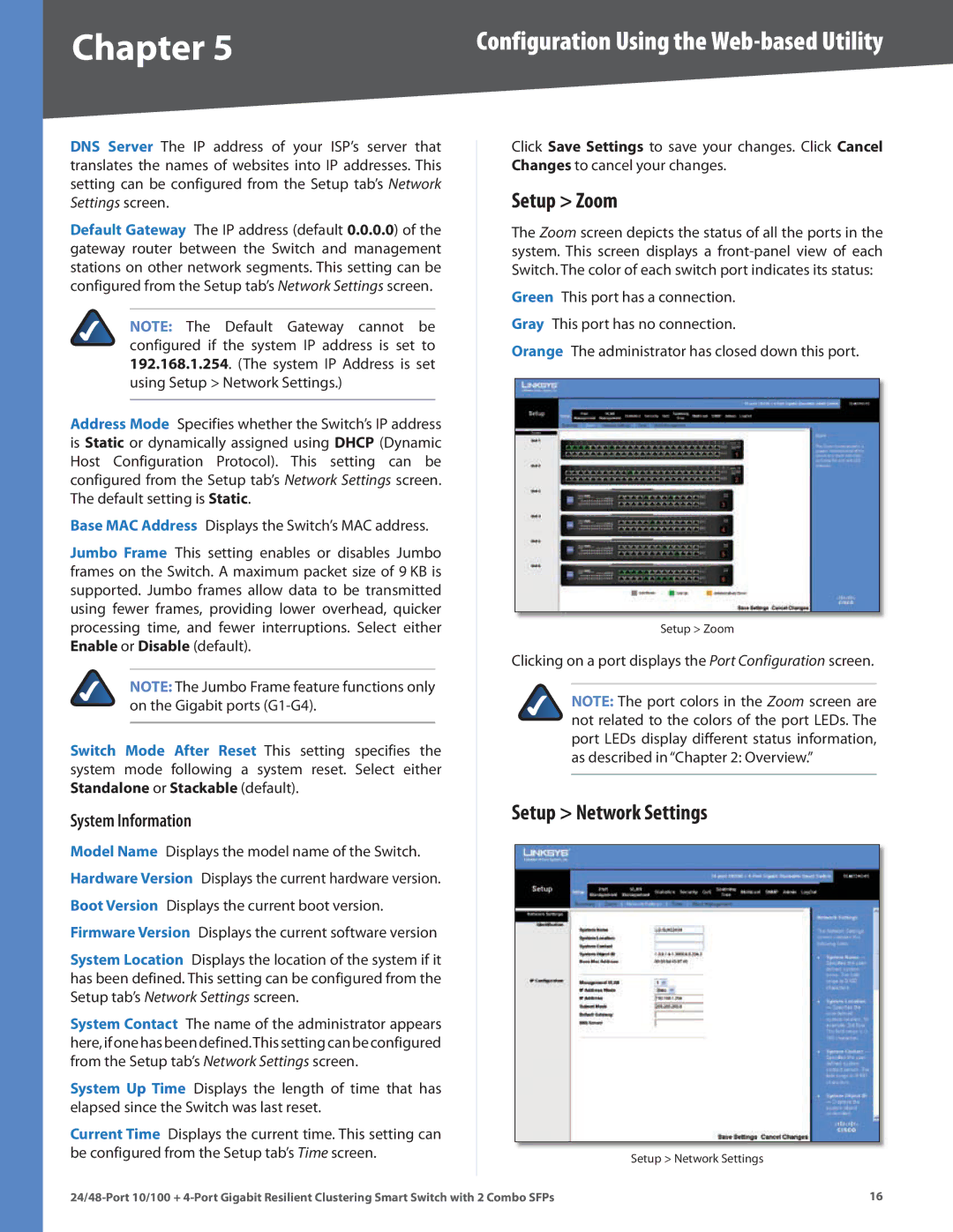 Linksys SLM224G4S manual Setup Zoom, Setup Network Settings, DNS Server The IP address of your ISP’s server that 