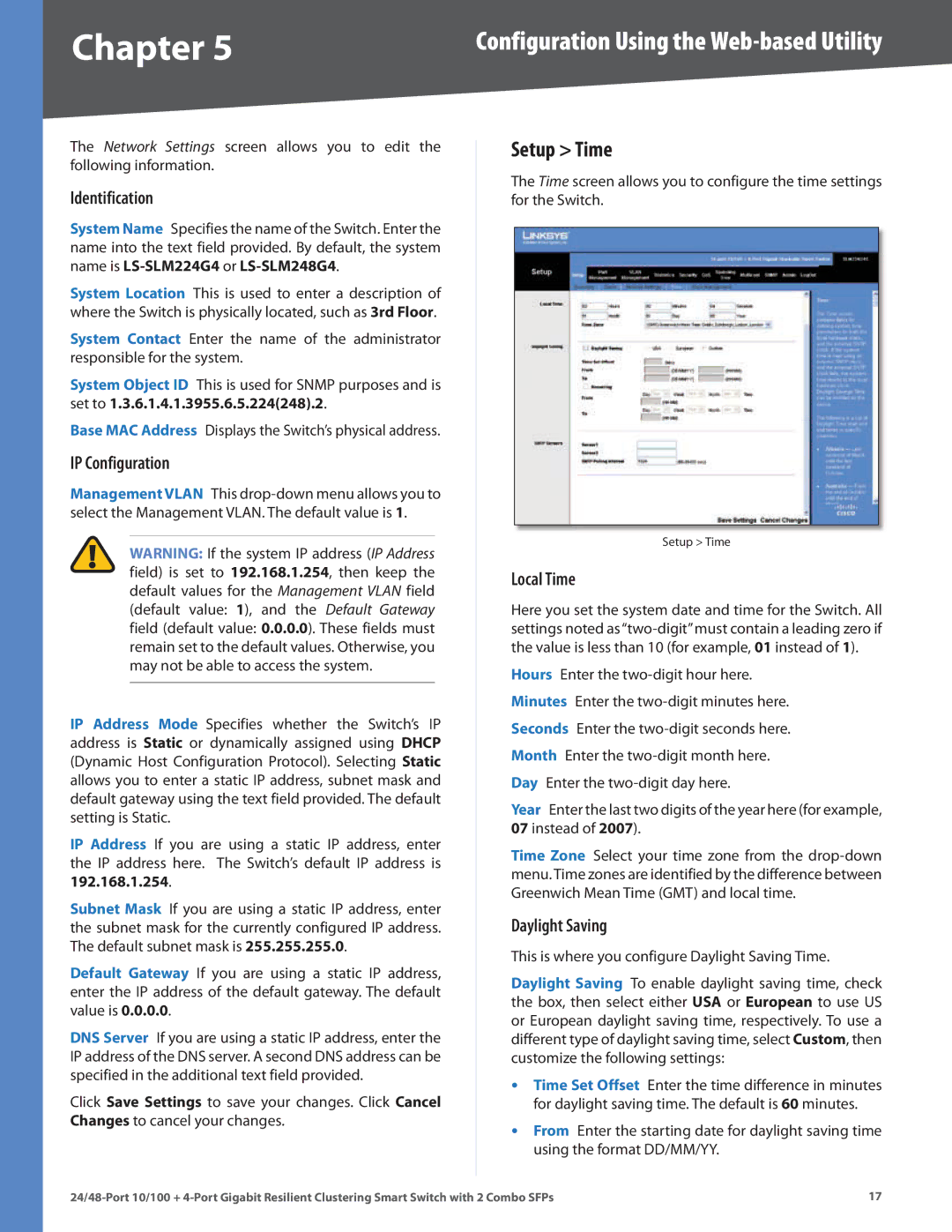 Linksys SLM224G4S manual Setup Time, Identification, Local Time, Daylight Saving 