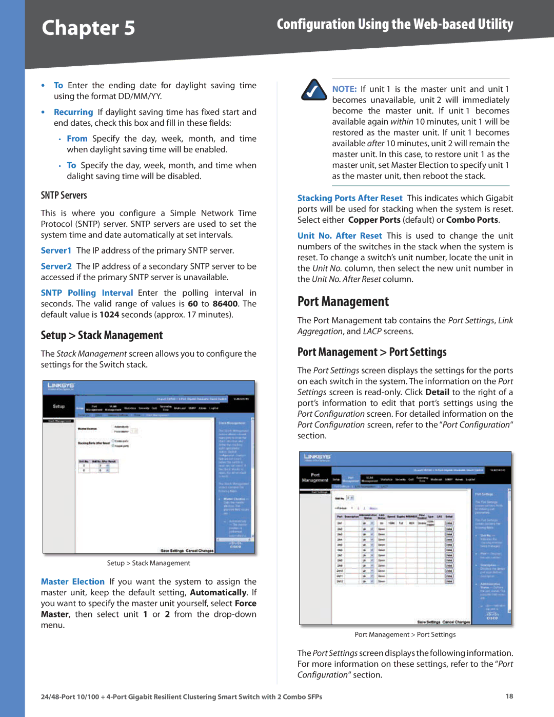 Linksys SLM224G4S manual Setup Stack Management, Port Management Port Settings, Sntp Servers 