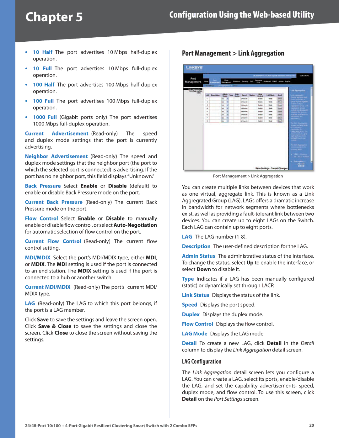 Linksys SLM224G4S manual Port Management Link Aggregation, LAG Configuration 