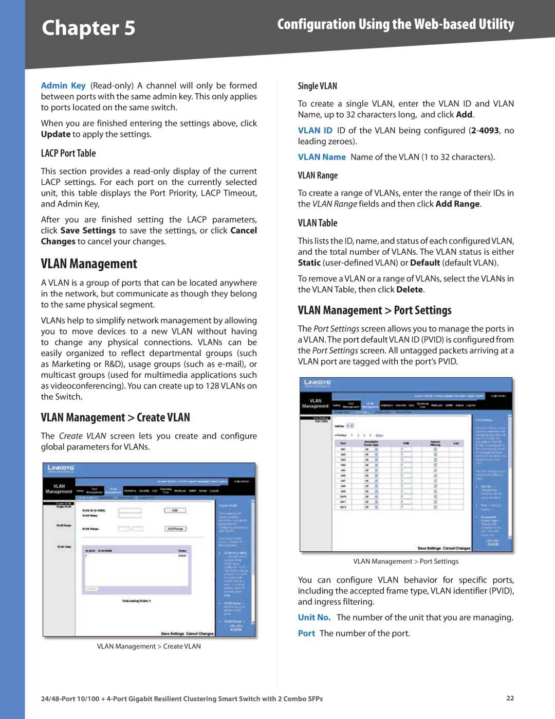 Linksys SLM224G4S manual Vlan Management Create Vlan, Vlan Management Port Settings, Lacp Port Table, Vlan Table 