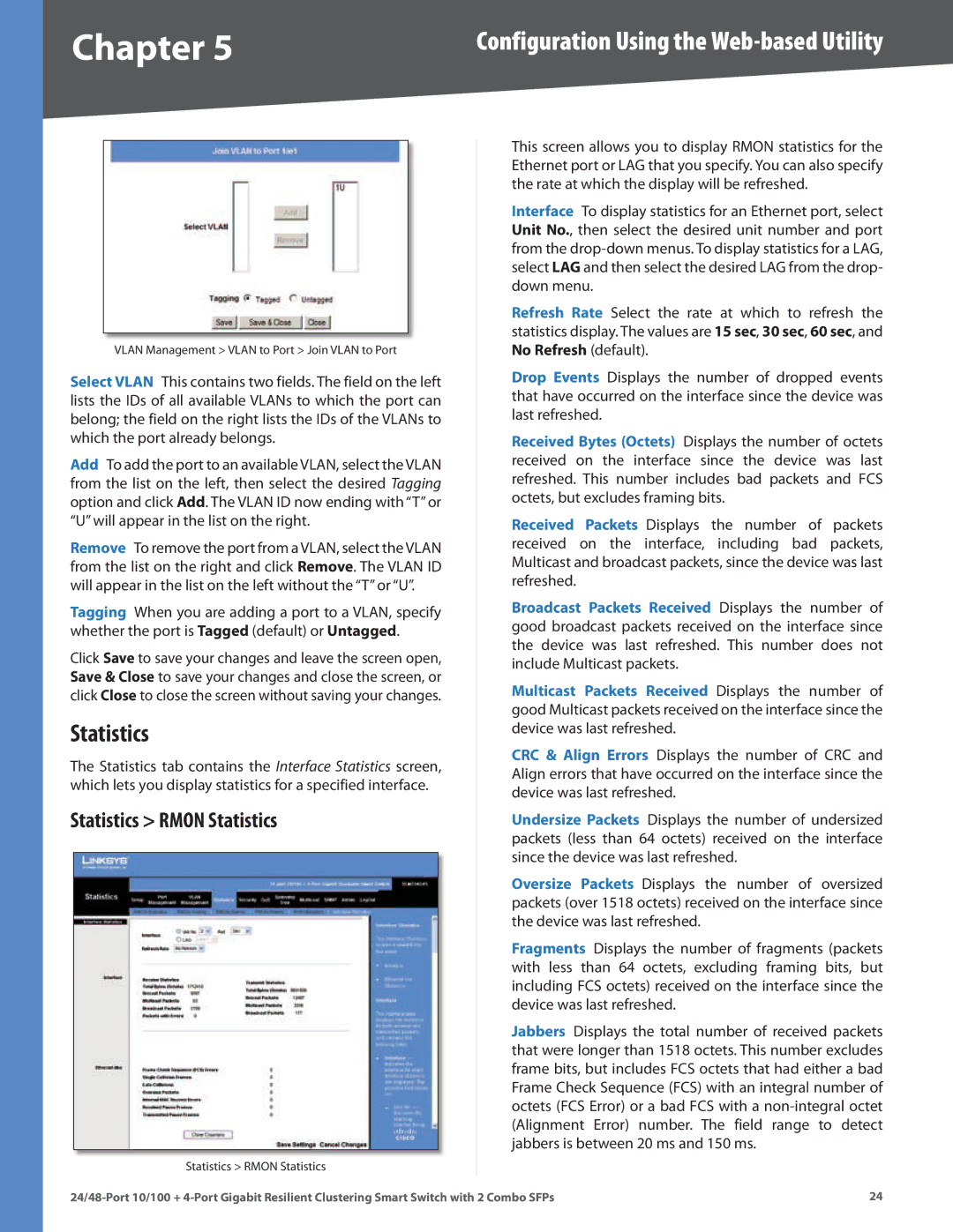 Linksys SLM224G4S manual Statistics Rmon Statistics 