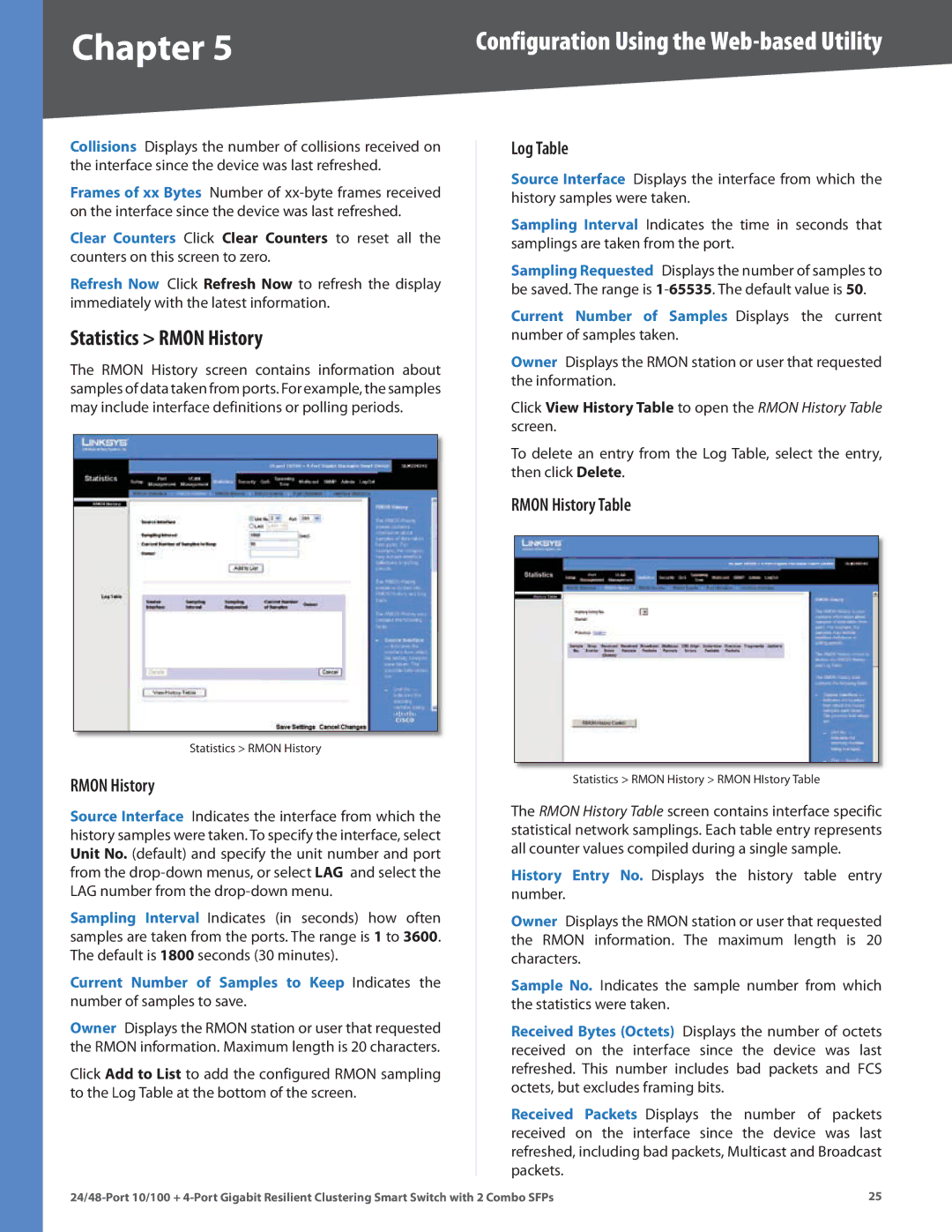 Linksys SLM224G4S manual Statistics Rmon History, Log Table, Rmon History Table 