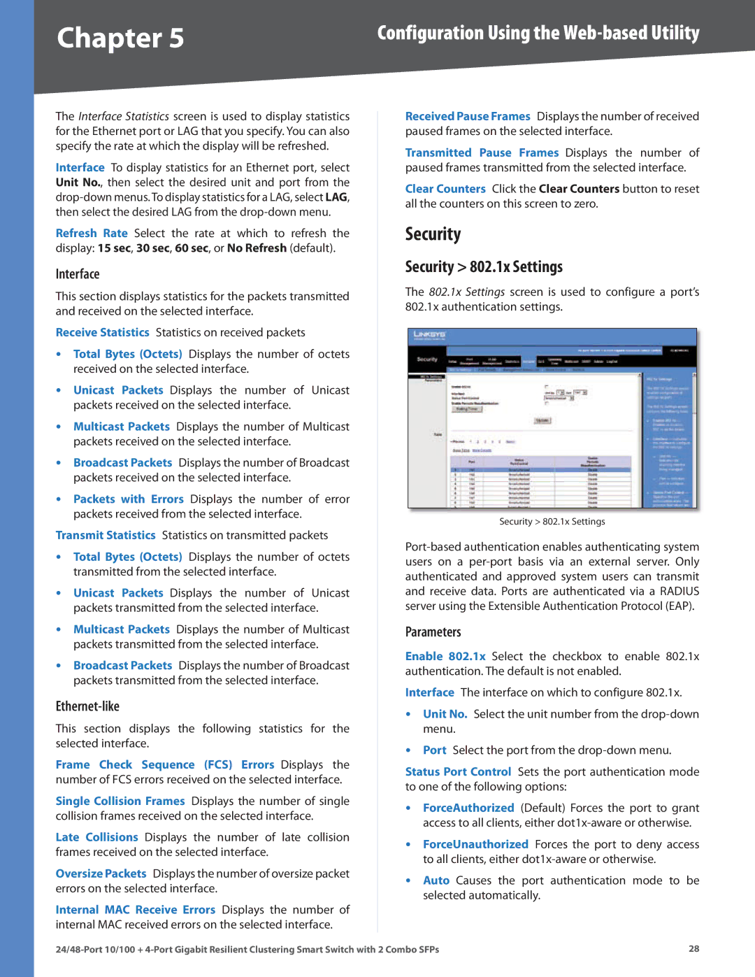 Linksys SLM224G4S manual Security 802.1x Settings, Interface, Ethernet-like, Parameters 