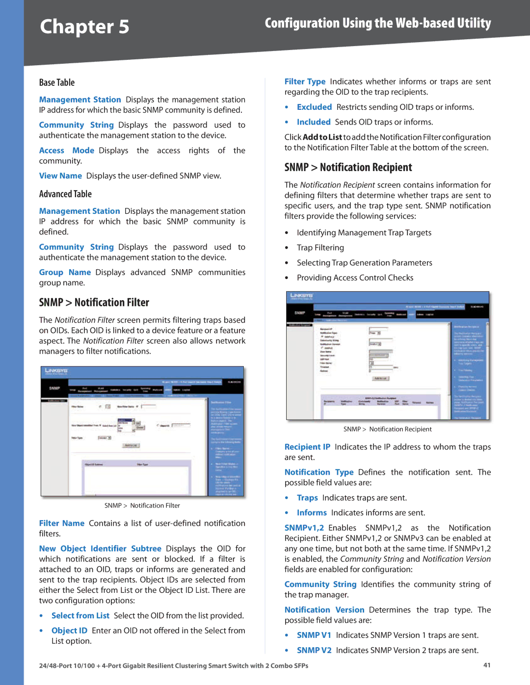 Linksys SLM224G4S manual Snmp Notification Filter, Snmp Notification Recipient, Base Table, Advanced Table 