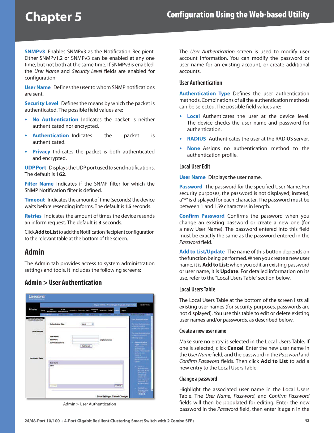 Linksys SLM224G4S manual Admin User Authentication, Local User Edit, Local Users Table 