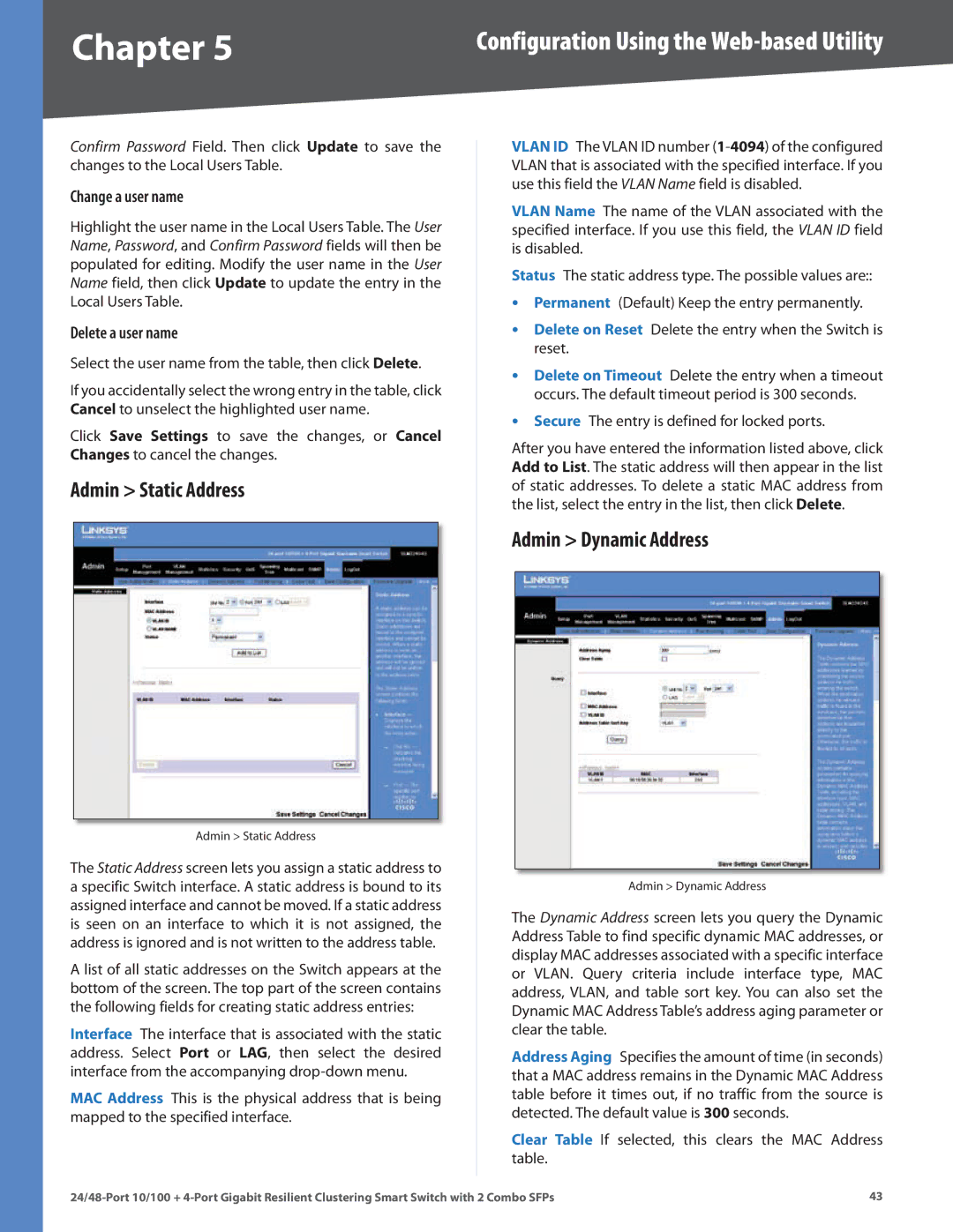 Linksys SLM224G4S manual Admin Static Address, Admin Dynamic Address, Secure The entry is defined for locked ports 