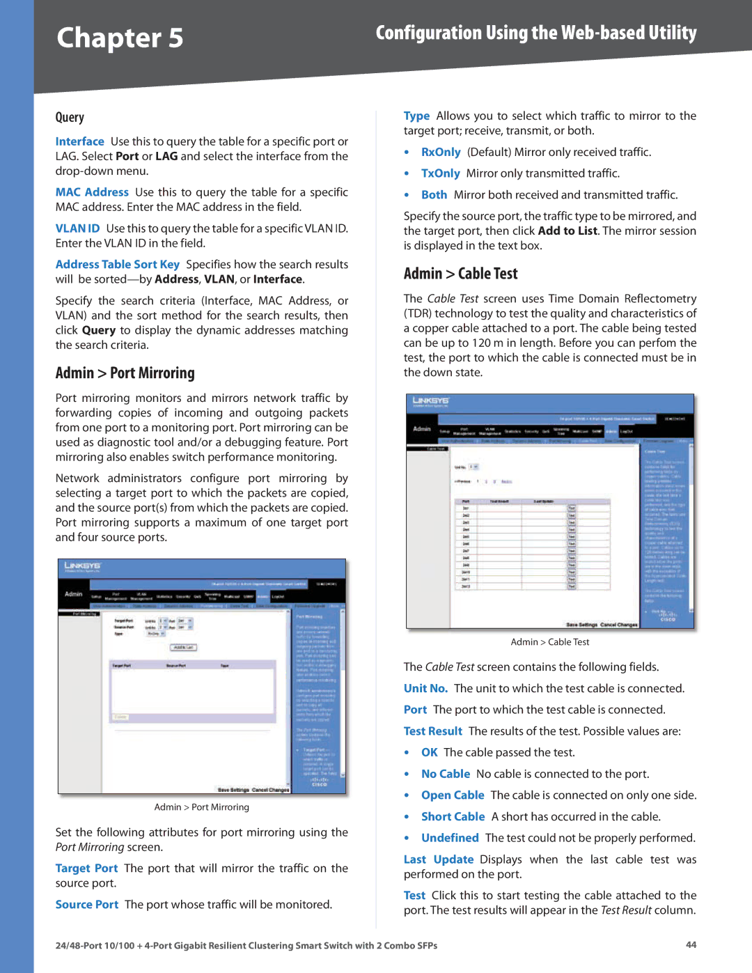 Linksys SLM224G4S manual Admin Port Mirroring, Admin Cable Test, Query 