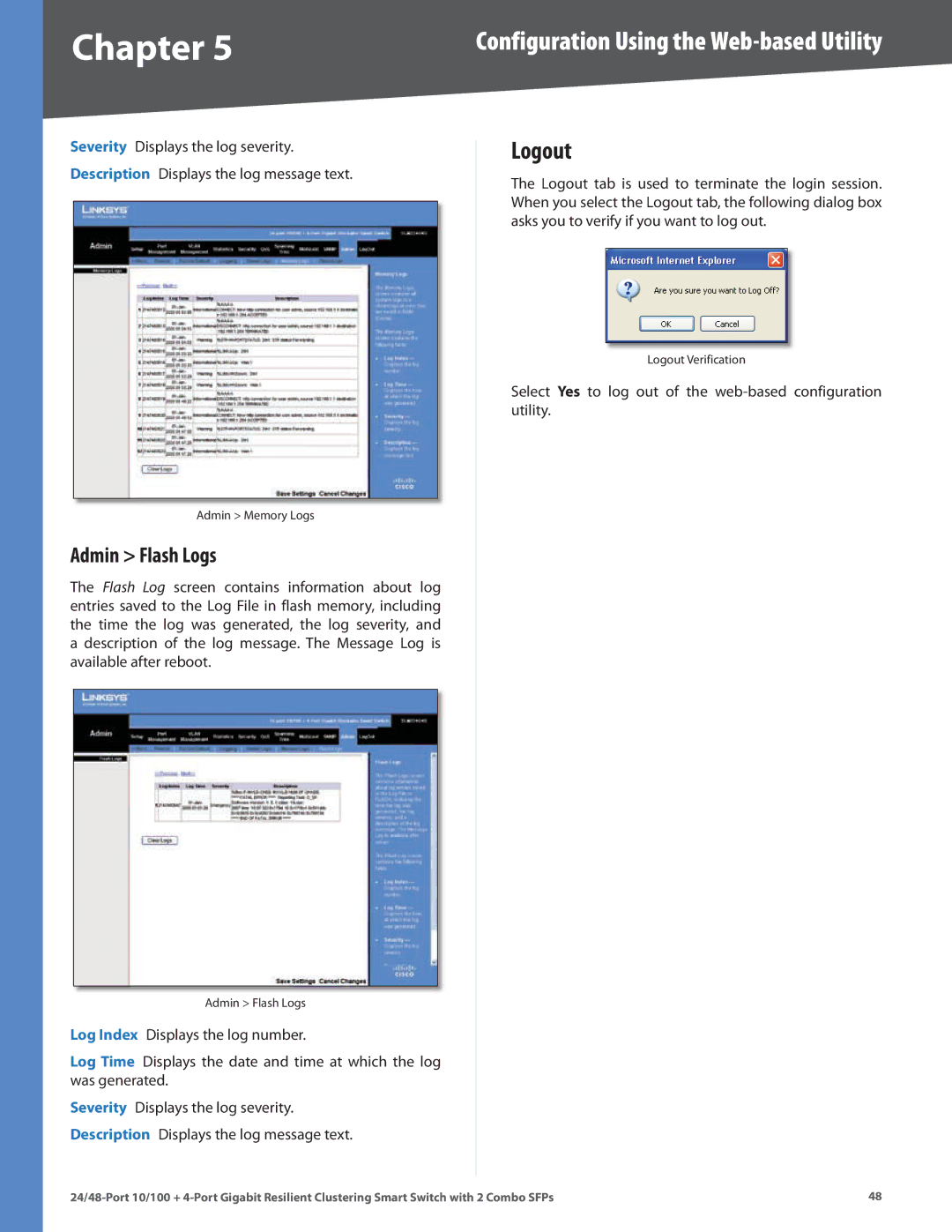 Linksys SLM224G4S manual Logout, Admin Flash Logs 