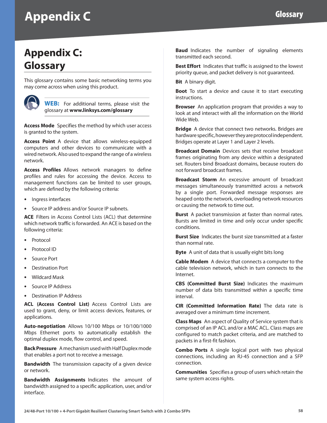 Linksys SLM224G4S manual Appendix C Glossary 