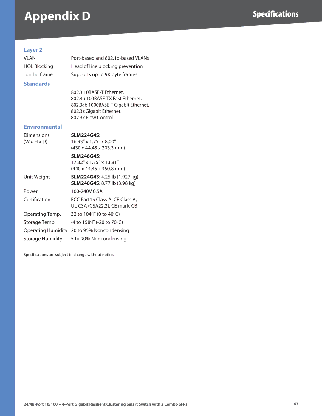 Linksys SLM224G4S HOL Blocking Head of line blocking prevention, Supports up to 9K byte frames, 802.3 10BASE-T Ethernet 