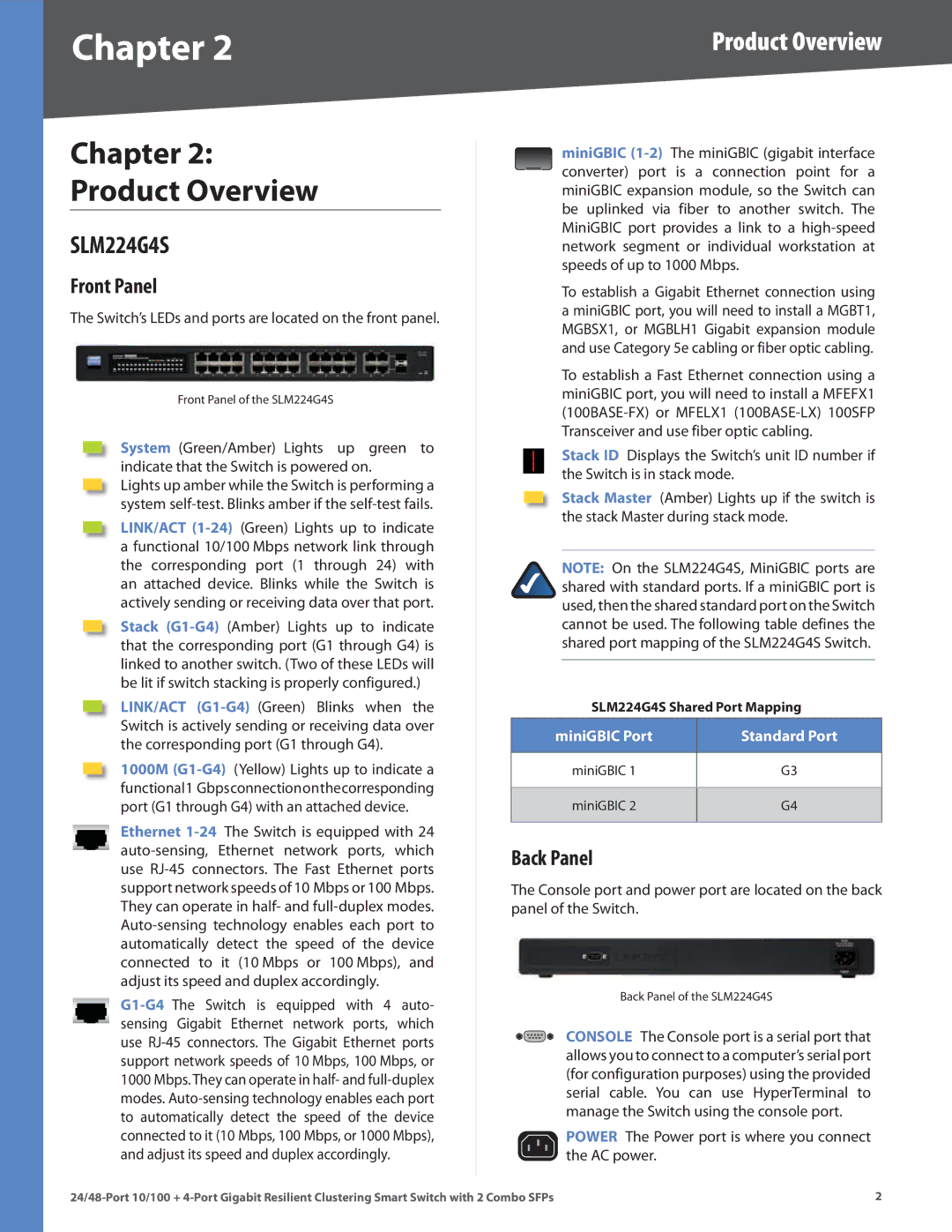 Linksys SLM224G4S manual Chapter Product Overview, Front Panel, Back Panel 