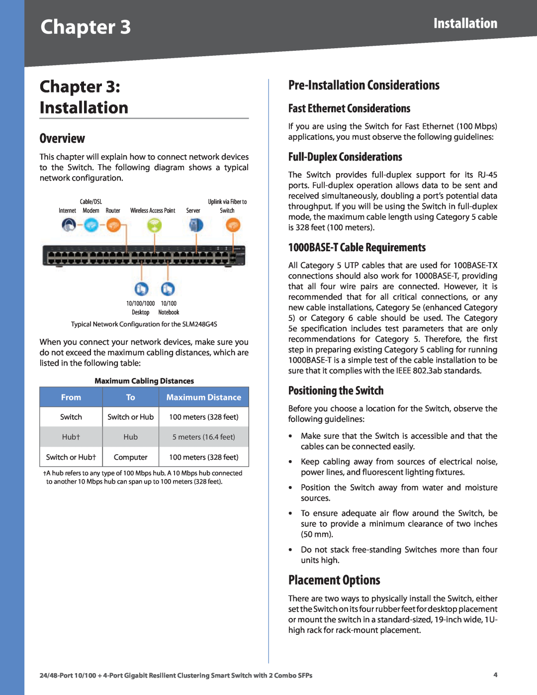 Linksys SLM224G4S manual Chapter Installation, Overview, Pre-Installation Considerations, Placement Options, From 