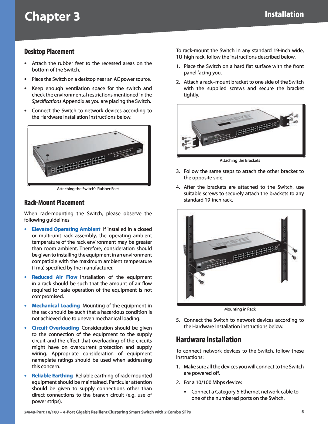 Linksys SLM224G4S manual Hardware Installation, Desktop Placement, Rack-Mount Placement, Chapter 