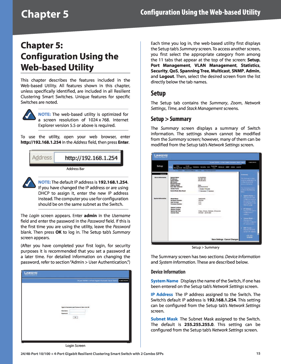 Linksys SLM224G4S manual Chapter Configuration Using the Web-based Utility, Setup Summary, Device Information 