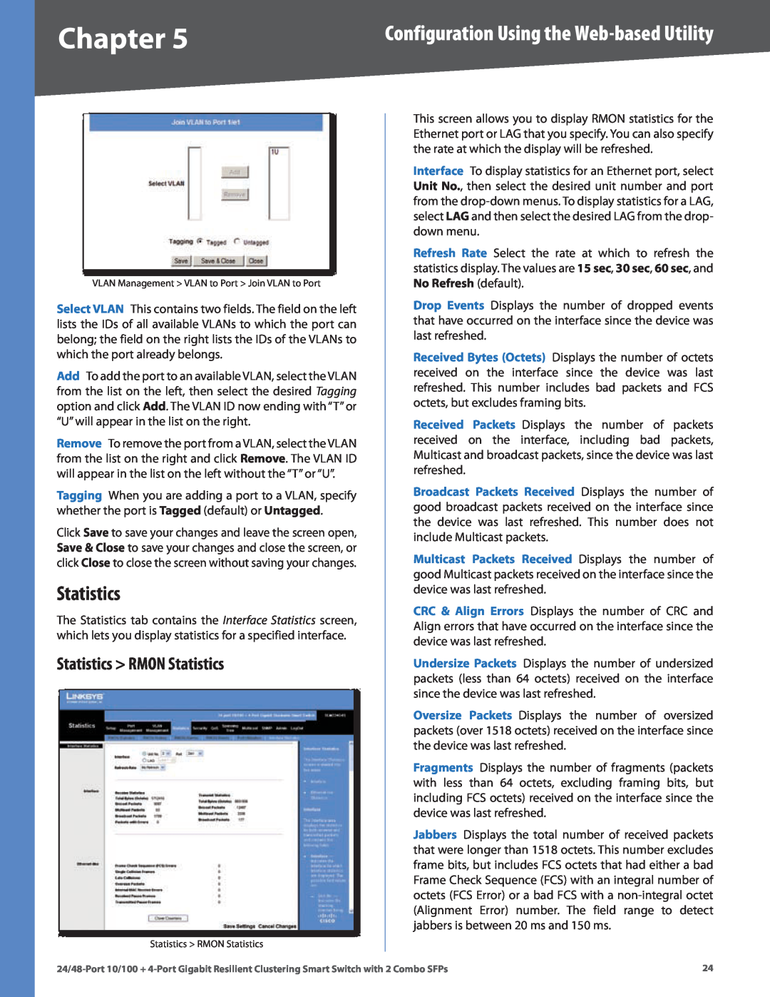 Linksys SLM224G4S manual Statistics RMON Statistics, Chapter, Configuration Using the Web-based Utility 