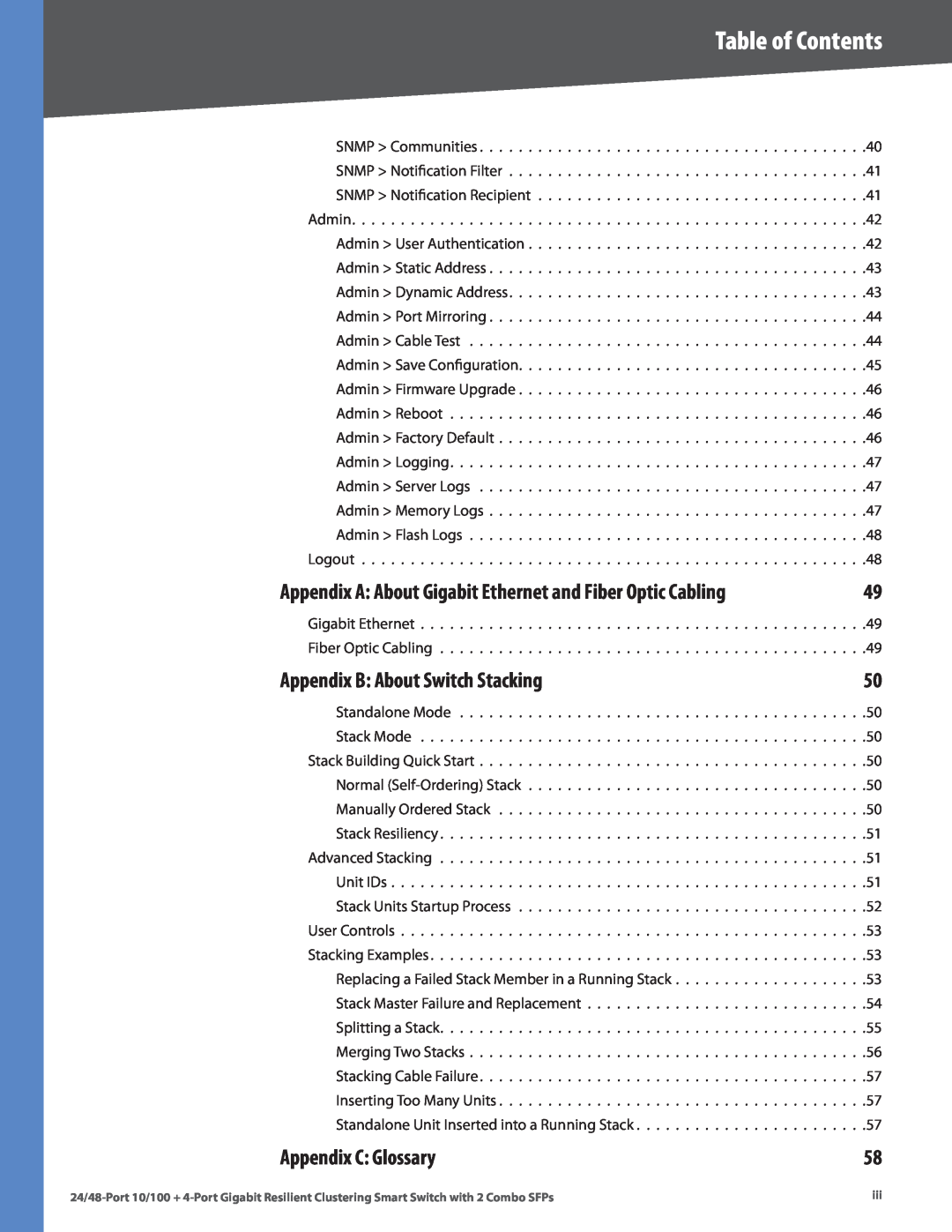 Linksys SLM224G4S manual Appendix B About Switch Stacking, Appendix C Glossary, Table of Contents 