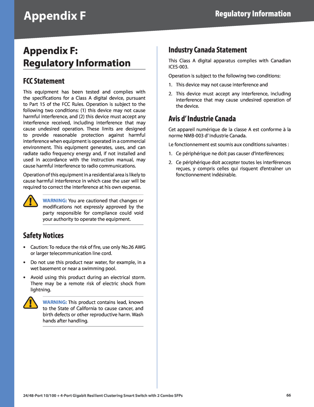 Linksys SLM224G4S manual Appendix F Regulatory Information, FCC Statement, Safety Notices, Industry Canada Statement 