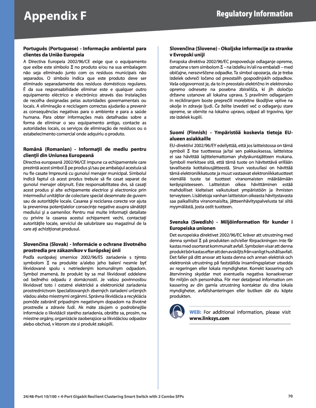 Linksys SLM224G4S Appendix F, Regulatory Information, Suomi Finnish - Ympäristöä koskevia tietoja EU- alueen asiakkaille 