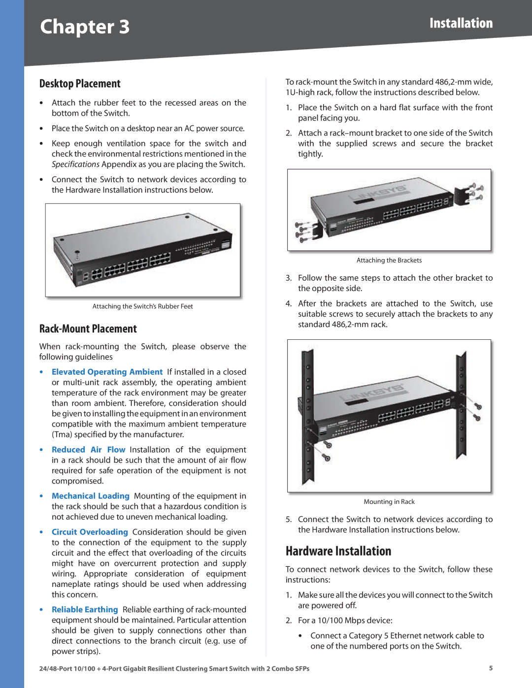 Linksys SLM224G4S (G5), SLM248G4S (G5) manual Hardware Installation, Desktop Placement, Rack-Mount Placement 