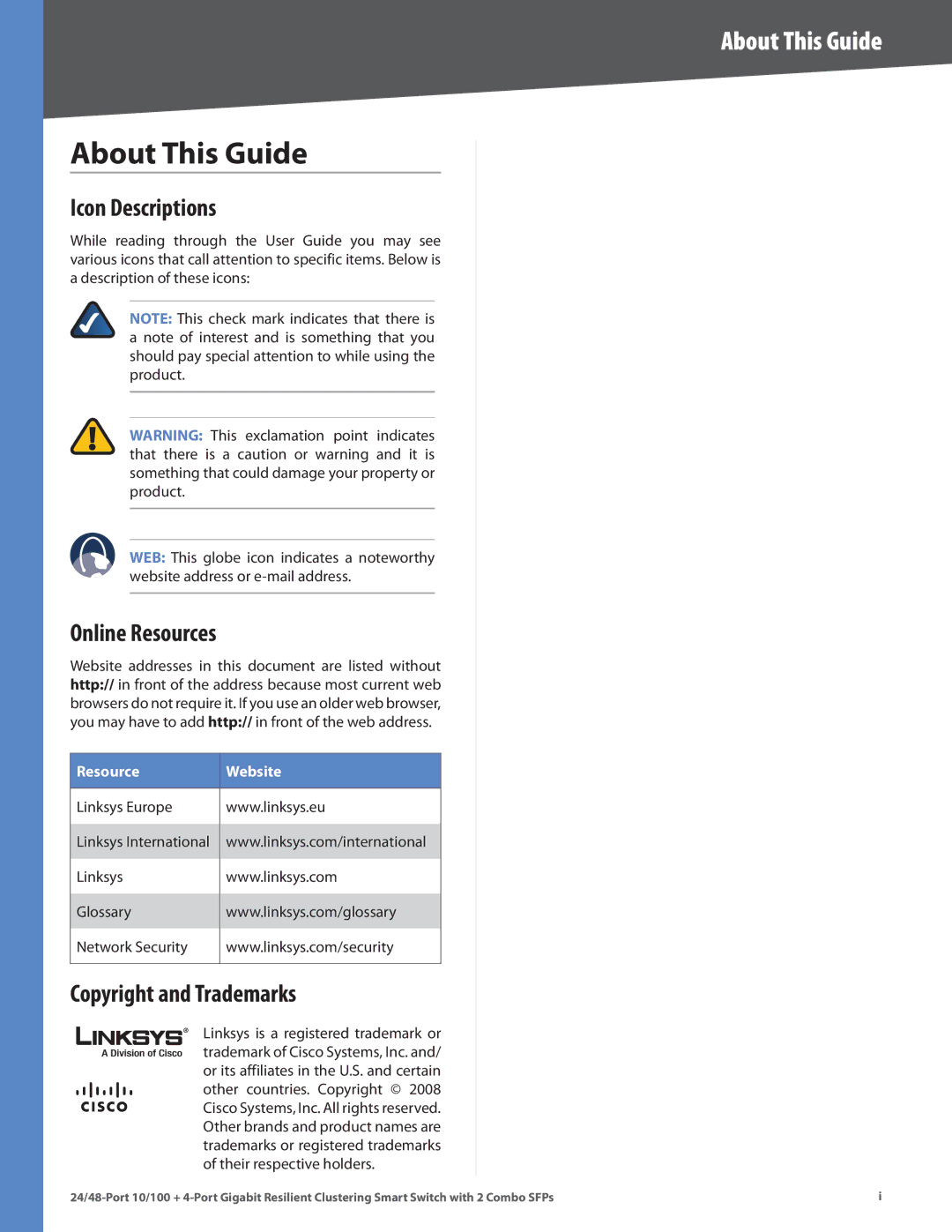 Linksys SLM248G4S (G5), SLM224G4S (G5) About This Guide, Icon Descriptions, Online Resources, Copyright and Trademarks 