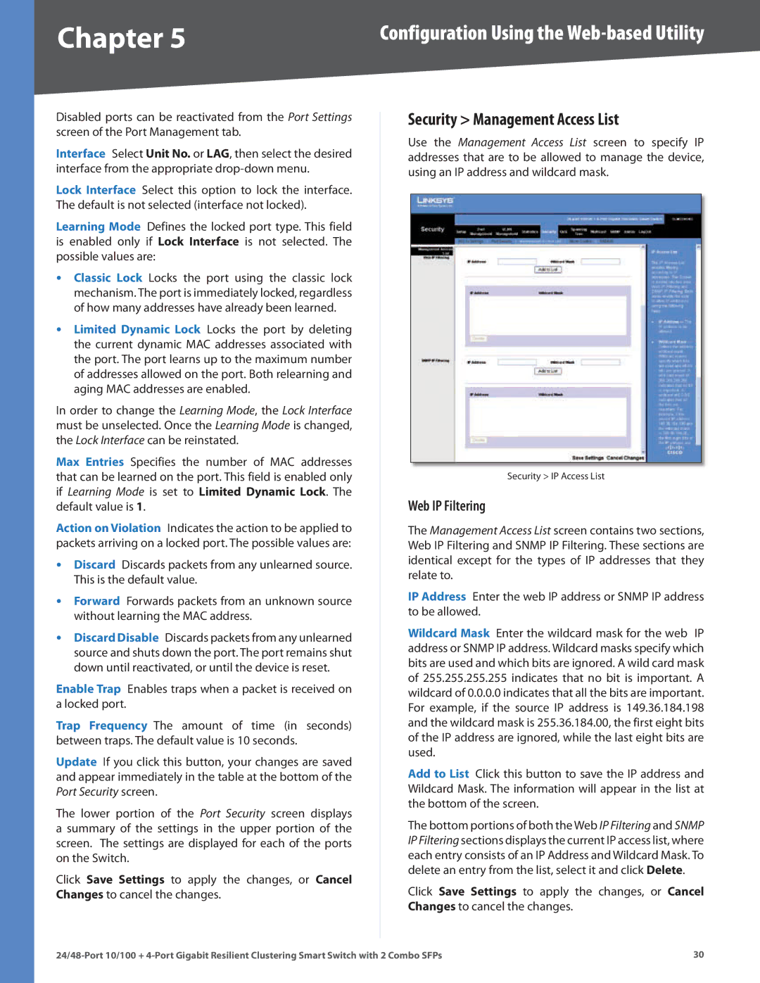 Linksys SLM248G4S (G5), SLM224G4S (G5) manual Security Management Access List, Web IP Filtering 