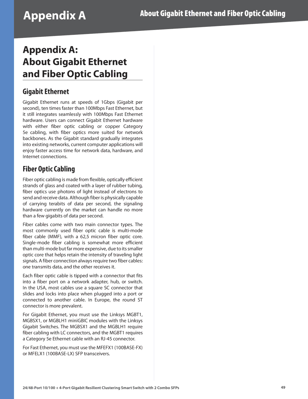 Linksys SLM224G4S (G5), SLM248G4S (G5) manual Appendix a About Gigabit Ethernet Fiber Optic Cabling 