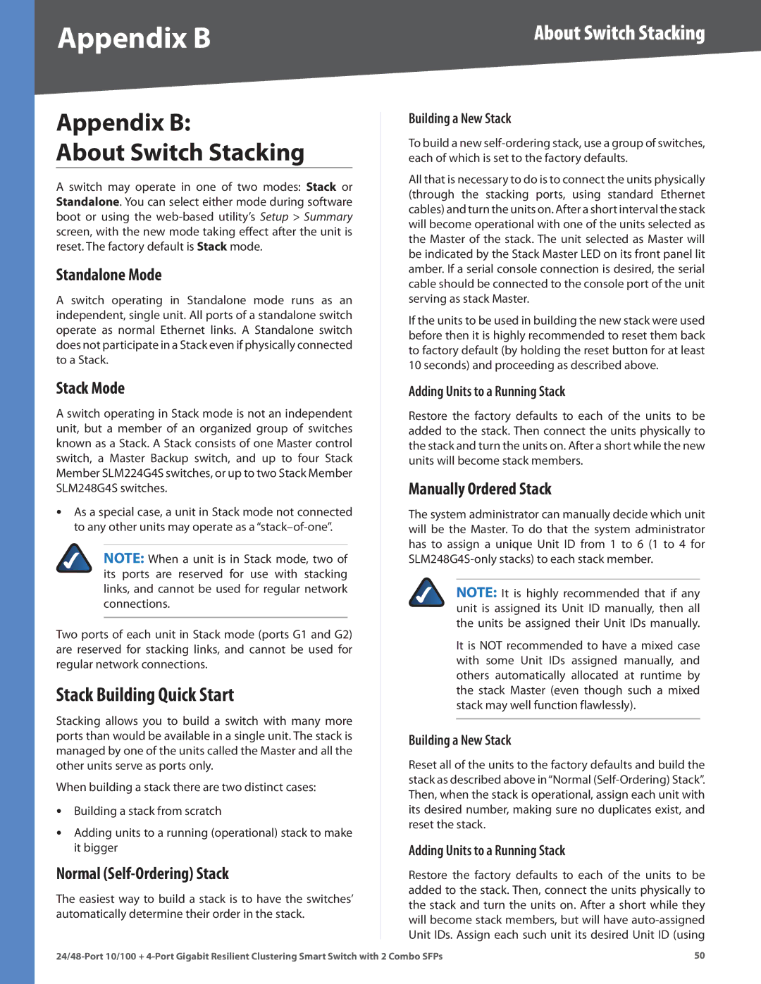 Linksys SLM248G4S (G5), SLM224G4S (G5) manual Appendix B About Switch Stacking, Stack Building Quick Start 