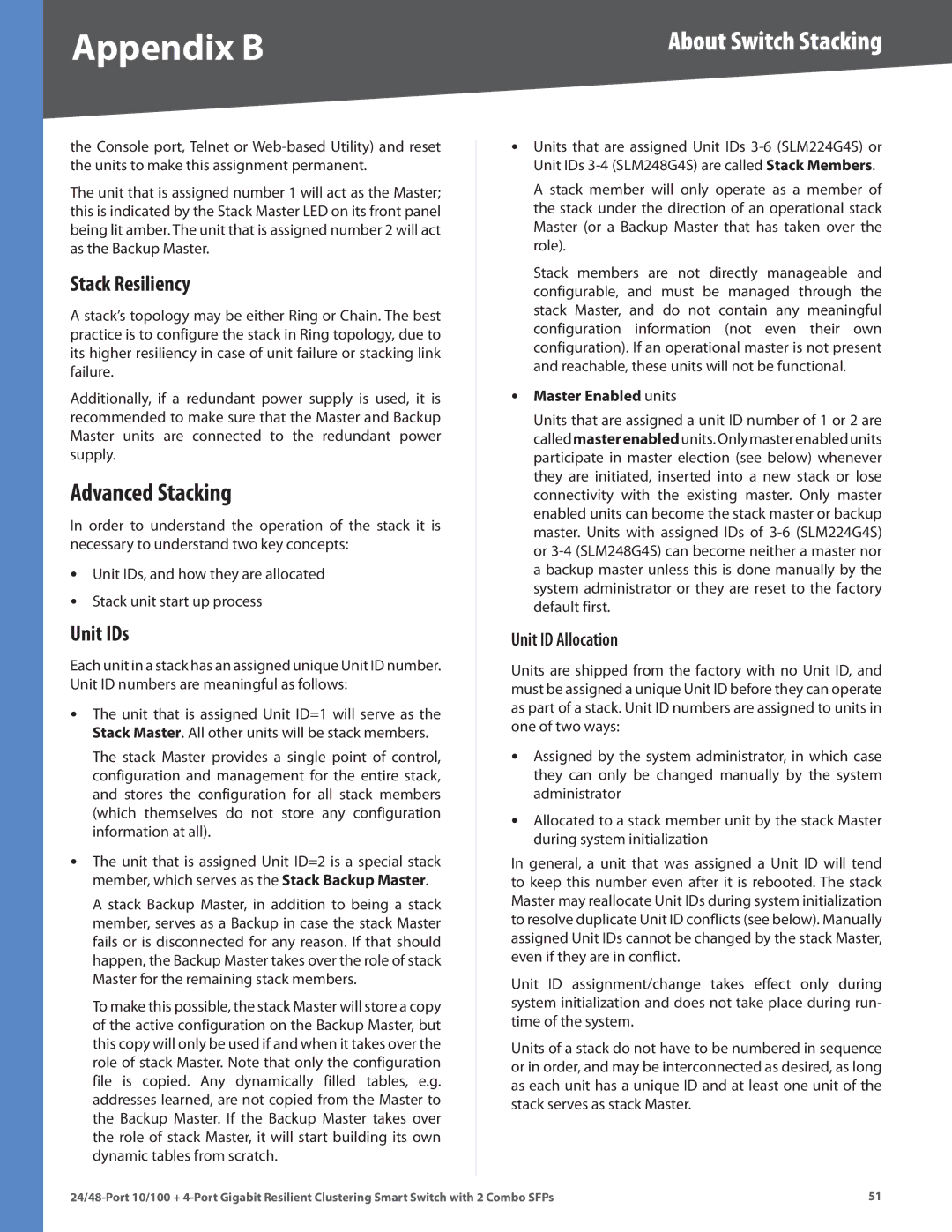 Linksys SLM224G4S (G5), SLM248G4S (G5) manual Advanced Stacking, Stack Resiliency, Unit IDs, Unit ID Allocation 