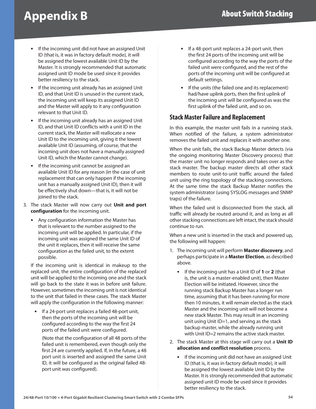 Linksys SLM248G4S (G5), SLM224G4S (G5) manual Stack Master Failure and Replacement 