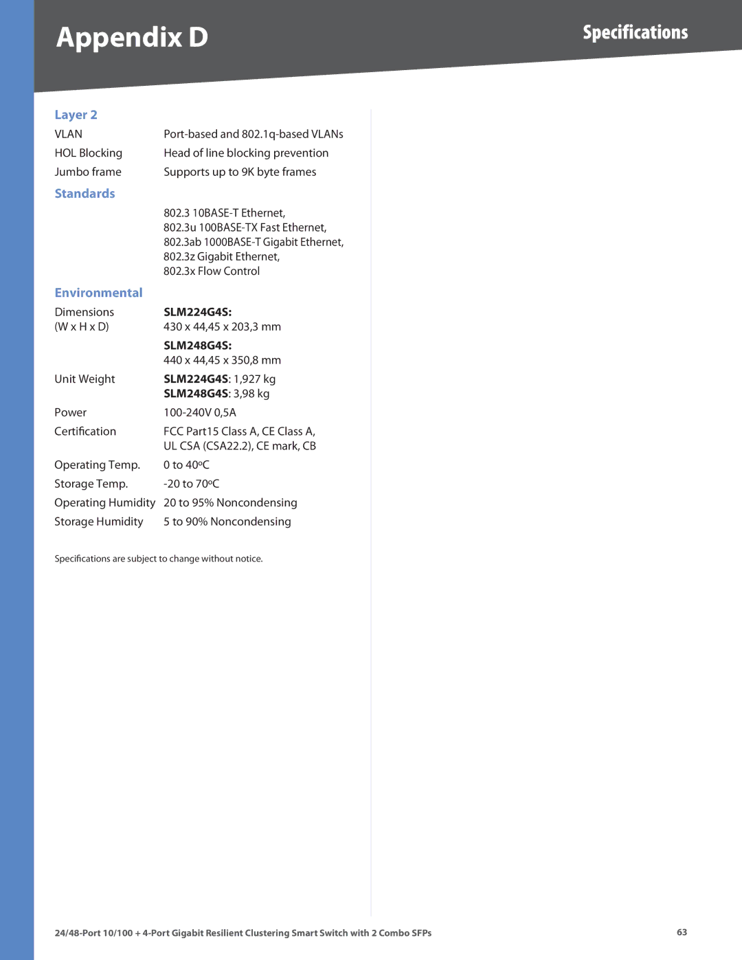 Linksys SLM224G4S (G5), SLM248G4S (G5) 802.3 10BASE-T Ethernet, 802.3z Gigabit Ethernet, 802.3x Flow Control, Dimensions 