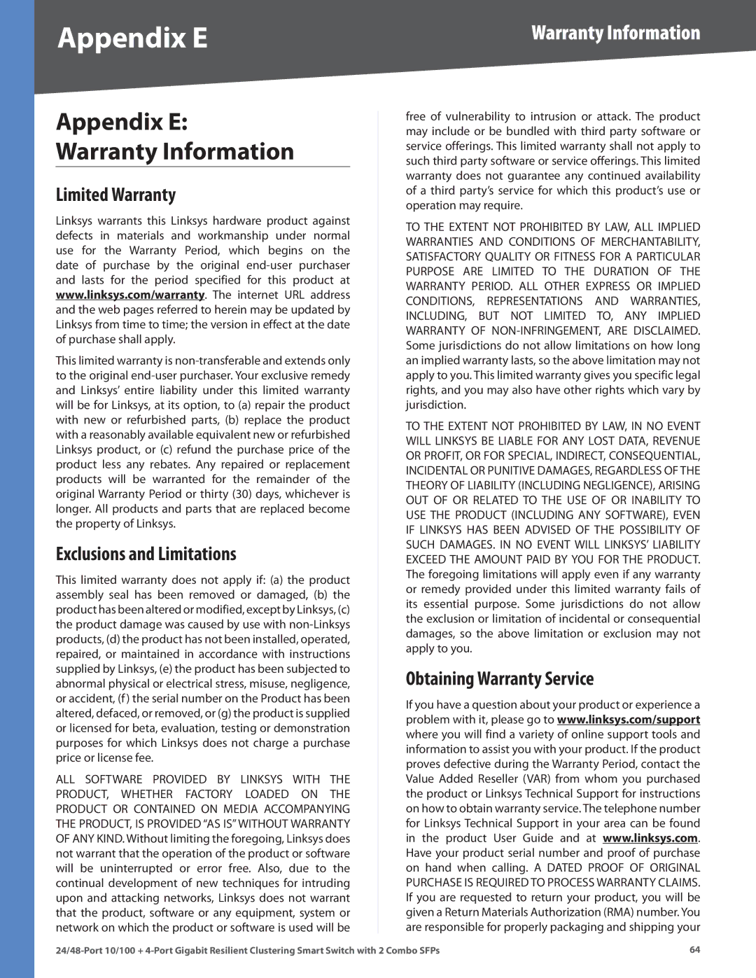 Linksys SLM248G4S (G5), SLM224G4S (G5) manual Appendix E, Warranty Information, Limited Warranty, Exclusions and Limitations 