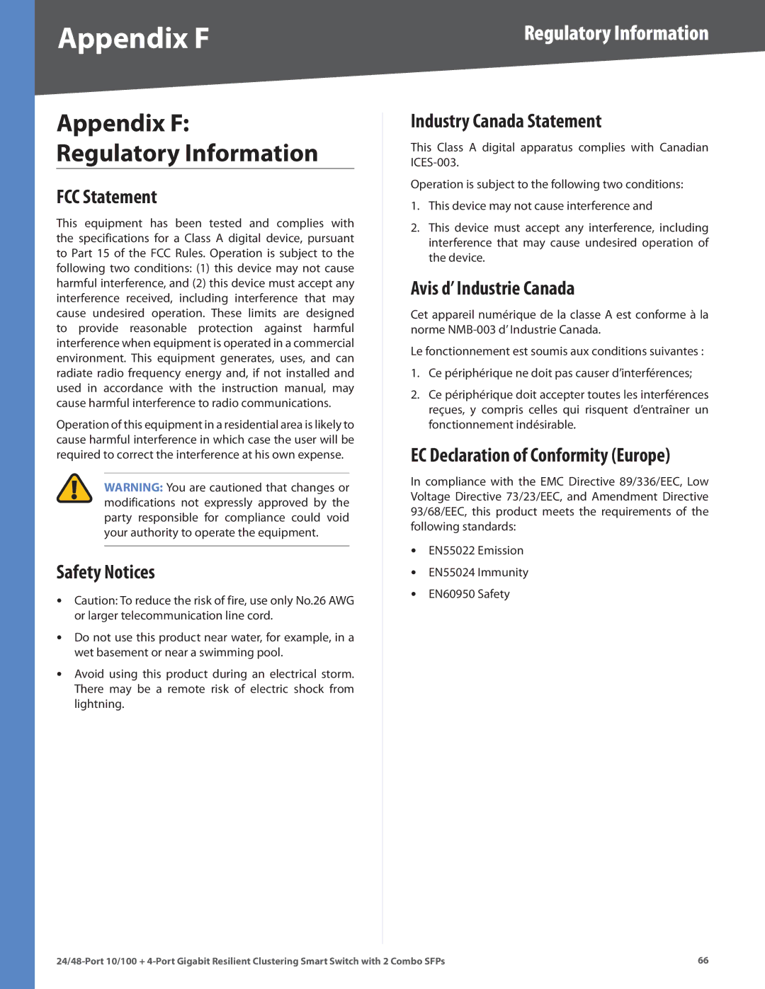 Linksys SLM248G4S (G5), SLM224G4S (G5) manual Appendix F, Regulatory Information 