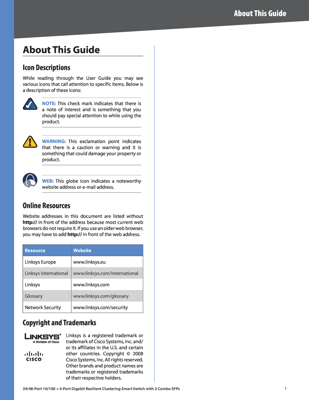 Linksys SLM248G4S (G5) manual About This Guide, Icon Descriptions, Online Resources, Copyright and Trademarks, Website 