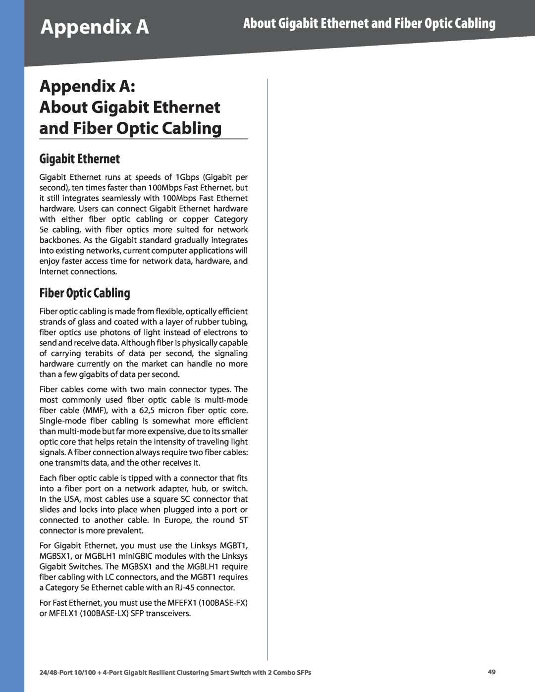 Linksys SLM224G4S (G5), SLM248G4S (G5) manual Appendix A About Gigabit Ethernet and Fiber Optic Cabling 