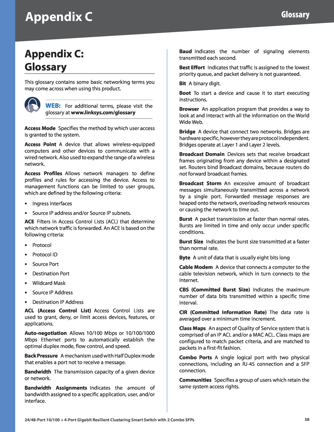 Linksys SLM248G4S (G5), SLM224G4S (G5) manual Appendix C Glossary 
